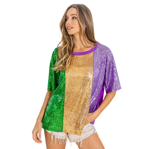 Mardi Gras Sequin Color Block Half Sleeves Top (Each)