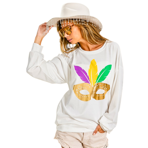 Mardi Gras Mask Foil Print Double Pocket Ivory Long Sleeve Top (Each)