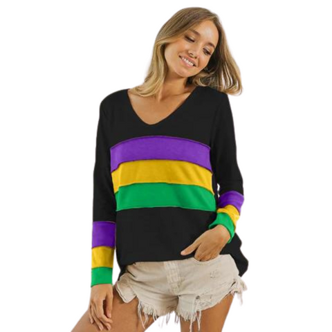 Mardi Gras Color Block Long Sleeve Black Top (Each)