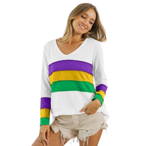 Mardi Gras Color Block Long Sleeve White Top (Each)