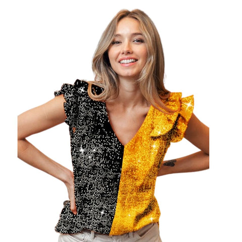 Game Day Color Block Black and Gold Sequin Ruffled Sleeve Top (Each)