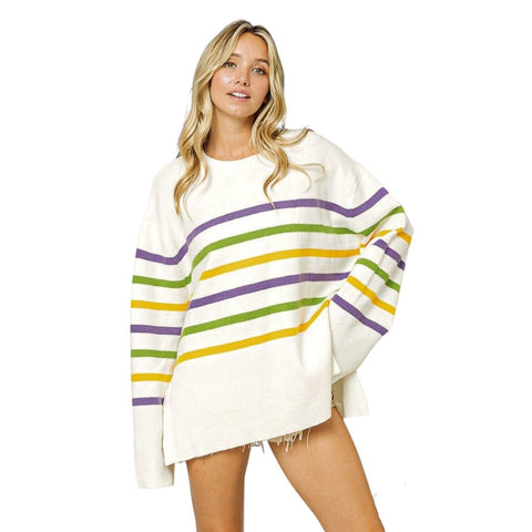 Ivory Mardi Gras Striped Sweater with Ribbed Hem (Each)