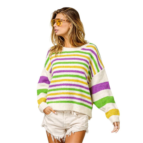 Ivory Cozy Mardi Gras Striped Sweater (Each)