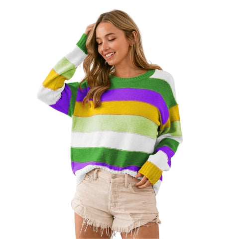 Green Multi Color Mardi Gras Stripe Sweater (Each)