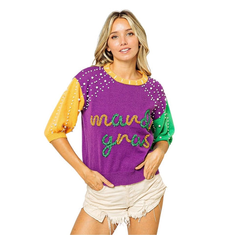 "Mardi Gras" Script Color Block Sweater with Pearls (Each)