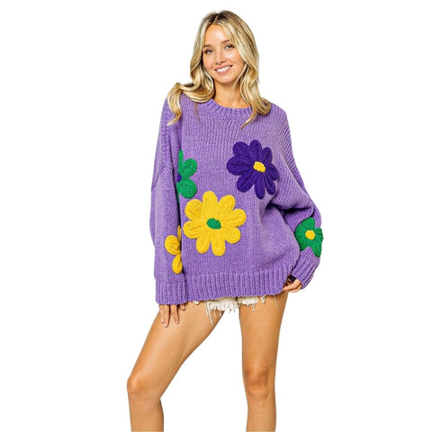 Violet Sweater with Mardi Gras Colors Embroidered Flowers (Each)