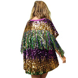 Mardi Gras Sequin Color Block Short Sleeve Dolman Top with Fringe (Each)