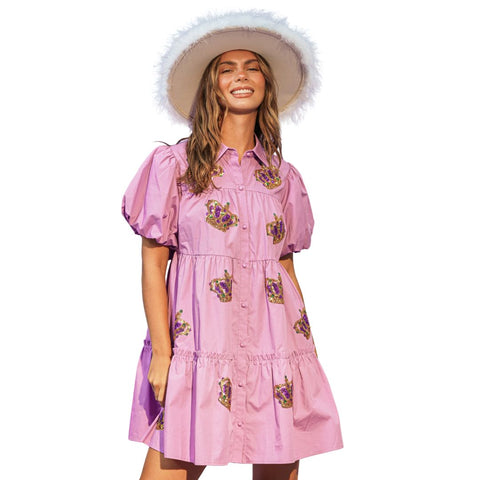 Puff Short Sleeve Tiered Dress with Sequin Crowns (Each)