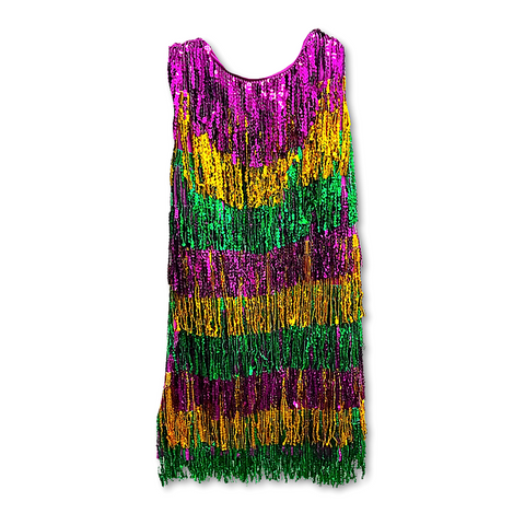 Mardi Gras Purple, Green, and Gold Spangled Fringe Tiered Dress (Each)