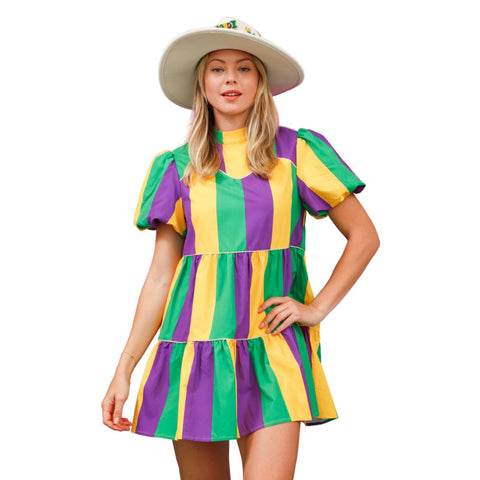 Purple, Green, and Yellow Striped Tiered Dress with Puff Sleeve (Each)