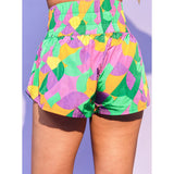 Purple, Green and Gold Patterned High Waisted Athletic Shorts (Each)