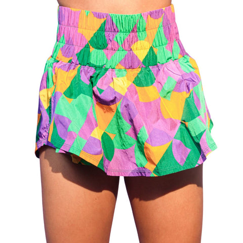 Purple, Green and Gold Patterned High Waisted Athletic Shorts (Each)