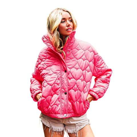 Neon Pink Quilted Heart Puffer Jacket with Side Seam Pockets (Each)