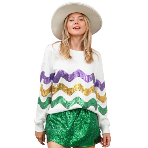 Mardi Gras Sequin Wave White French Terry Loose Fit Long Sleeve Top (Each)