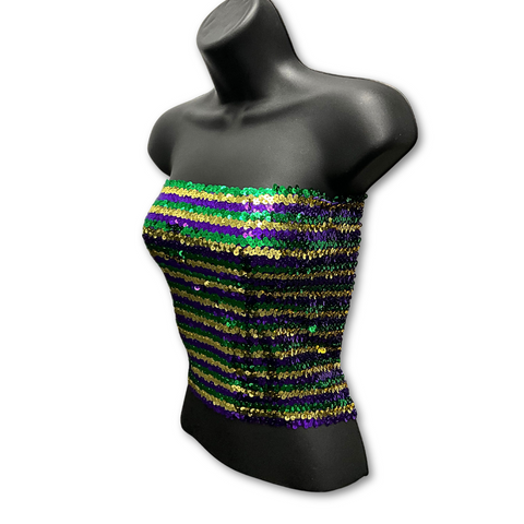 Purple, Green and Gold Mardi Gras Narrow Stripe Sequin Strapless Top (Each)