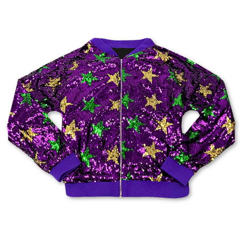 Purple, Green, and Gold Mardi Gras Stars Sequin Bomber Jacket (Each)