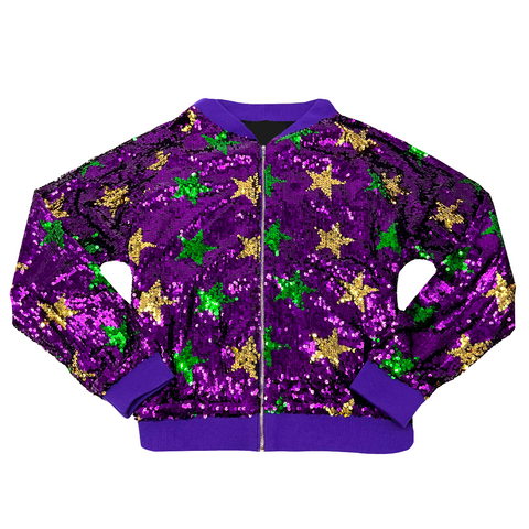 Purple, Green, and Gold Mardi Gras Stars Sequin Bomber Jacket (Each)