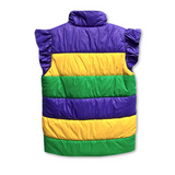 Purple, Green, and Gold Stripe Mardi Gras Puffer Vest with Ruffle Sleeve (Each)