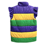 Purple, Green, and Gold Stripe Mardi Gras Puffer Vest with Ruffle Sleeve (Each)