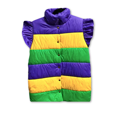 Purple, Green, and Gold Stripe Mardi Gras Puffer Vest with Ruffle Sleeve (Each)