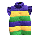 Purple, Green, and Gold Stripe Mardi Gras Puffer Vest with Ruffle Sleeve (Each)