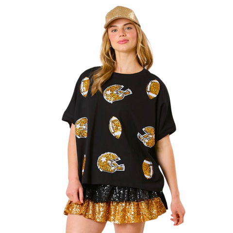 Black and Gold Football & Helmet Sequin Top (Each)