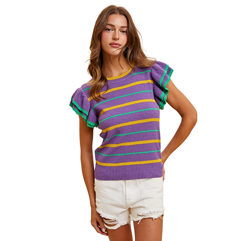 Mardi Gras Striped Ruffle Sleeve Top (Each)