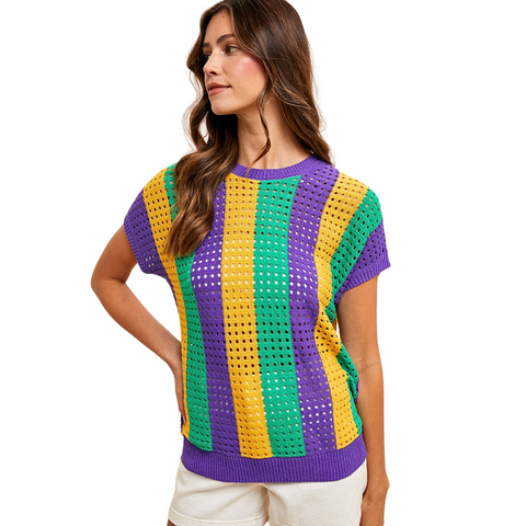 Purple,Green, & Gold Stripe Open Stitch Sweater Top (Each)