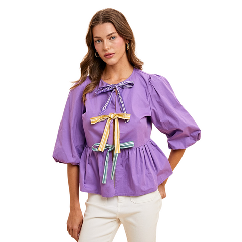 Purple Mardi Gras Front Tie Peplum Blouse (Each)