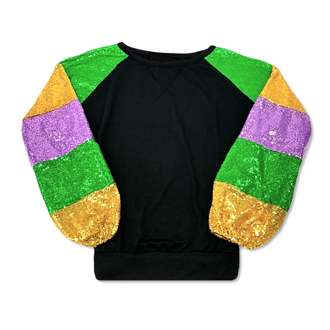 Black Mardi Gras Sequin Color Block Sleeve Top (Each)