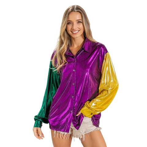 Purple, Yellow, & Green Metallic Silky Long Sleeve Top (Each)