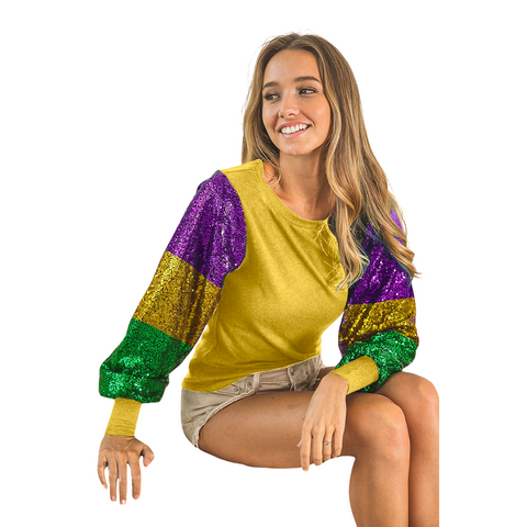 Mustard Mardi Gras Color Block Sequin Sleeve Top (Each)