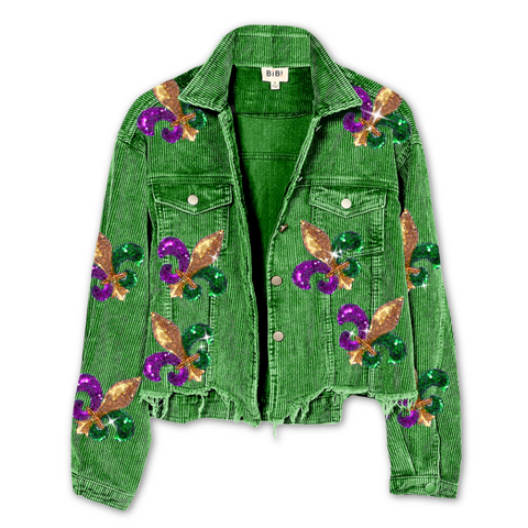 Vintage Green Washed Corduroy Jacket with Sequin Fleur De Lis Patches (Each)