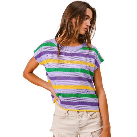 Lavender Mardi Gras Stripe Short Sleeve Knit Top (Each)