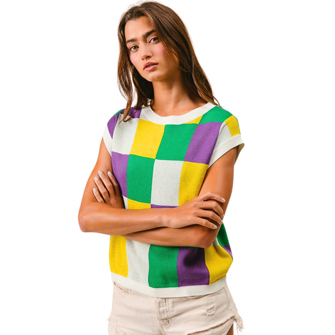 Off White Mardi Gras Checker Pattern Sleeveless Sweater (Each)