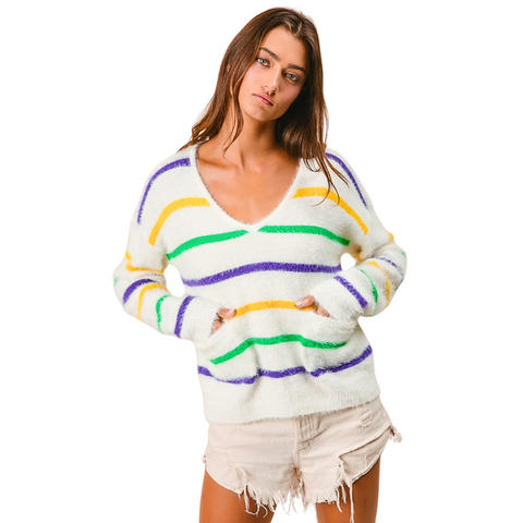 Ivory Mardi Gras V-Neck Sweater With Pockets (Each)