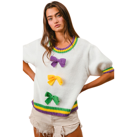 Ivory Mardi Gras Bow Puff Sleeve Sweater (Each)