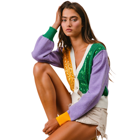 Mardi Gras Sequin Color Block Cardigan (Each)