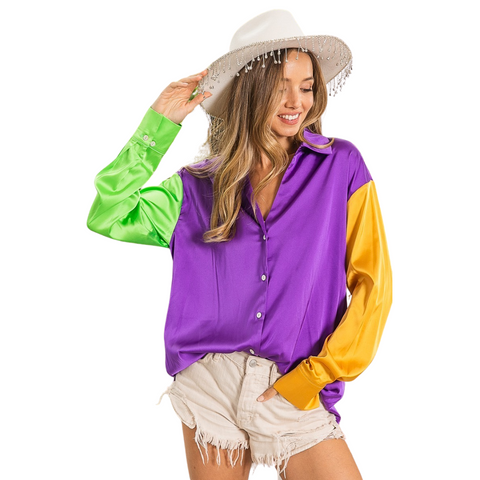 Mardi Gras Silky V-Neck Button Down (Each)