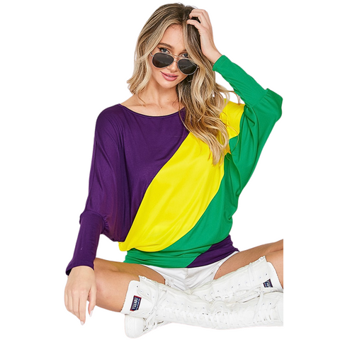 Mardi Gras Color Block Boat Neck Long Sleeve Top (Each)