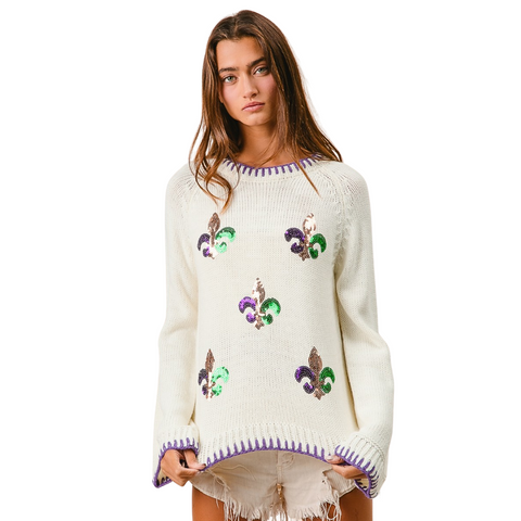 Ivory Mardi Gras Fleur De Lis Sequin Sweater (Each)