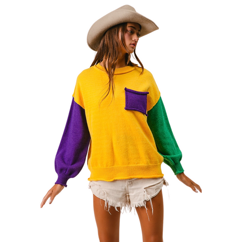 Mardi Gras Color Block Patch Pocket Sweater (Each)