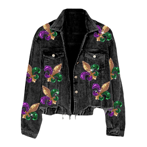 Black Charcoal Washed Corduroy Jacket with Sequin Fleur De Lis Patches (Each)