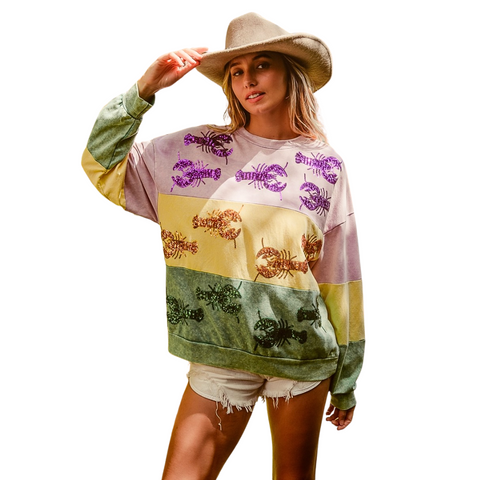 Mardi Gras Sequin Crawfish Color Block Sweatshirt (Each)