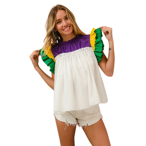 White Mardi Gras Layered Ruffle Sleeve Top (Each)