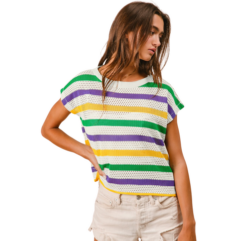 Off White Mardi Gras Stripe Short Sleeve Knit Top (Each)