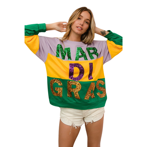 Mardi Gras Sequin Lettering Color Block Sweatshirt (Each)