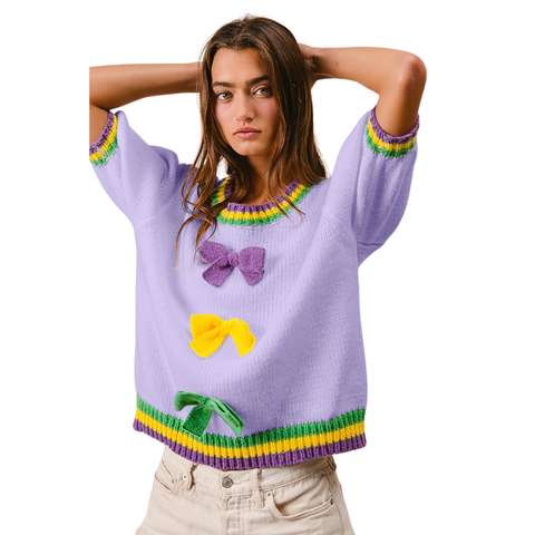 Lavender Mardi Gras Bow Puff Sleeve Sweater (Each)