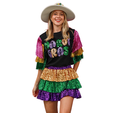 Black Mardi Gras Sequin Patch Shirt with Foil Sleeves (Each)