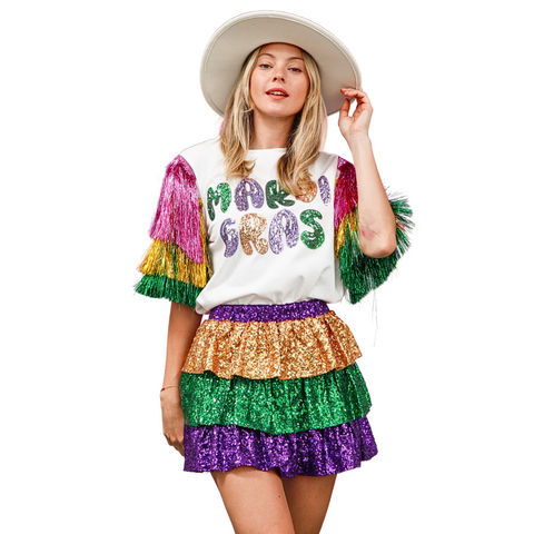 White Mardi Gras Sequin Patch Shirt with Foil Sleeves (Each)